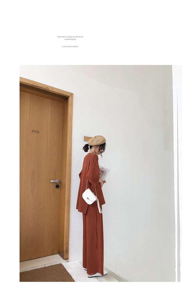 Aseven knitted suits female easing of autumn new fund split wide-legged pants twinset sweater big yards