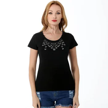 

BLINGSTORY Summer T Shirt Diamond Beaded Flower T-shirt Plus Size Women Tops Tee Shirt Female Camisas Feminina S-6XL