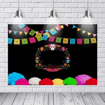 

Day of The Dead Mexican Fiesta Flags Banner Photography Colorful Mexican Flowers Studio Background for Holiday Party Booth Props