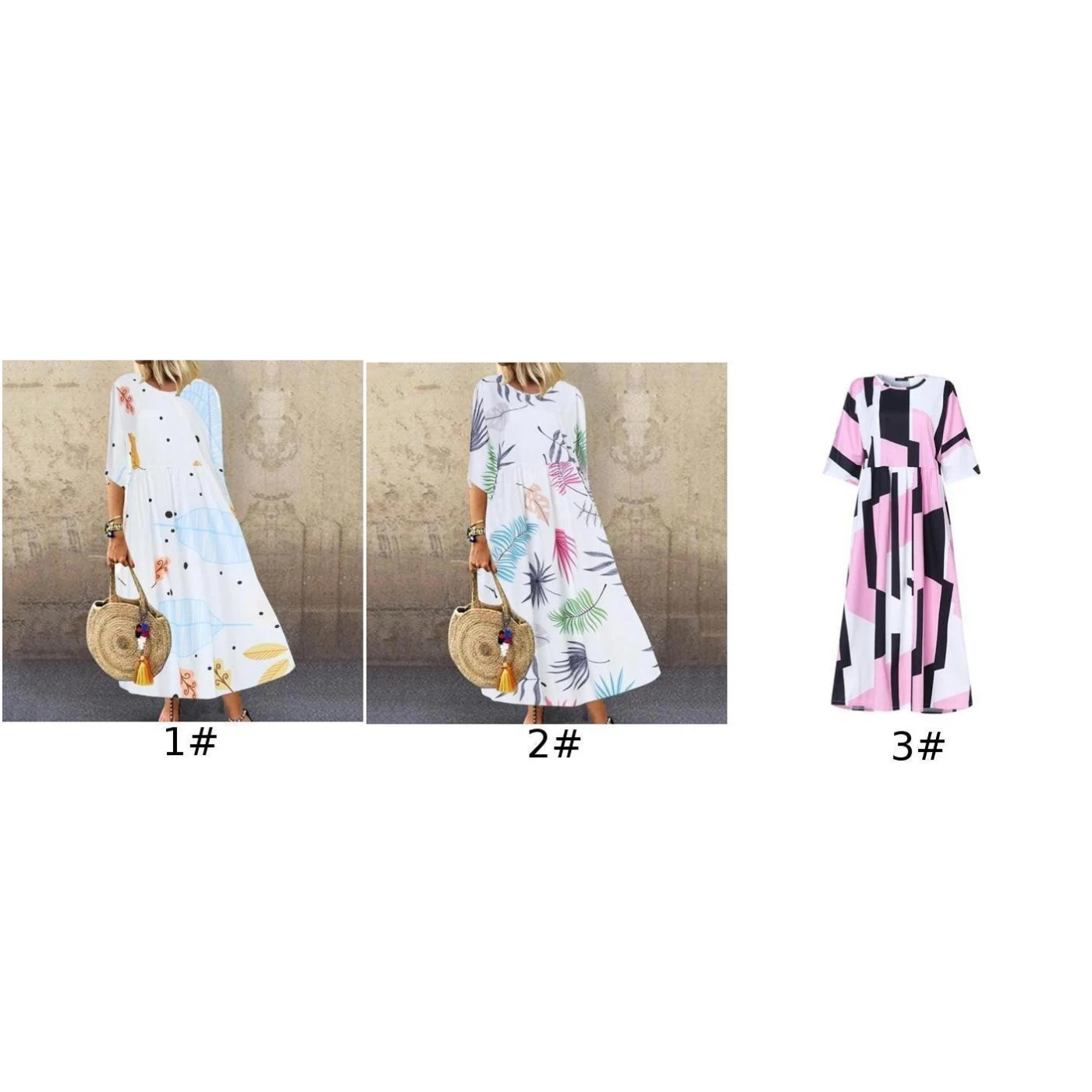 Летнее платье женское повседневное свободное с круглым вырезом средней длины