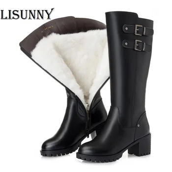 

2020 platform women high heel long boots new genuine leather women winter boots,big size 41 42 43 thick wool snow boots women