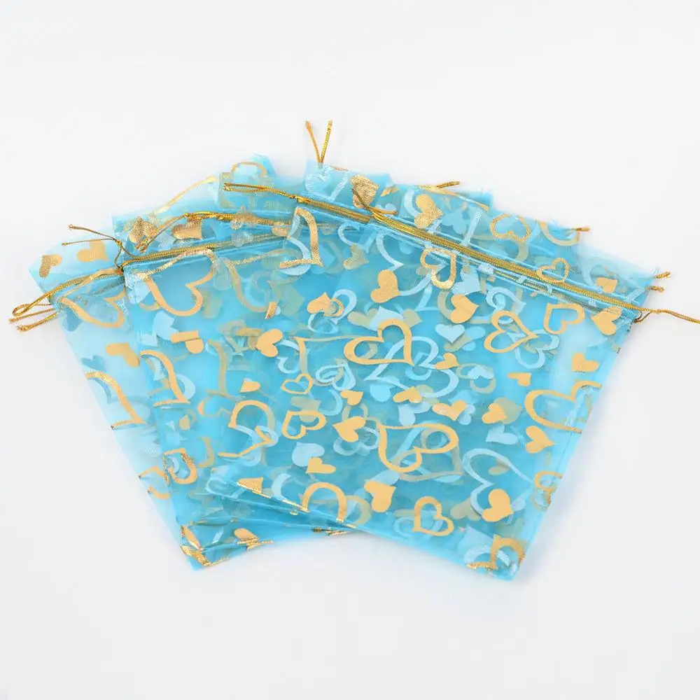 100pcs/bag 13x18cm Organza Bag With Bronzing Heart For Wedding Favors Jewelry Coin Pouch Party Candy Bags