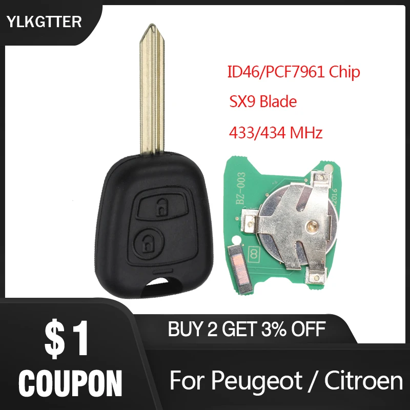 

YLKGTTER 2 Buttons Car Remote Key For Peugeot 206 207 307 Part Nmber 6554RH with 433MHz ID46 (7961) Chip & SX9 Blade Key Suit