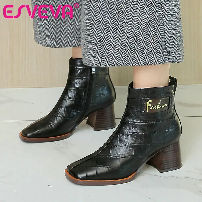 

ESVEVA 2020 Women Shoes Winter Ankle Boots Western Style Pointed Toe Patent Leather+PU High Heel Motorcycle Boot Size 34-43