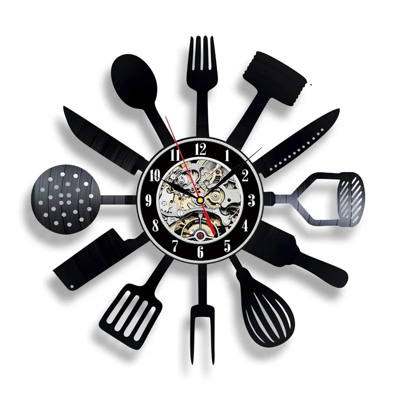 Vinyl Record Wall Clock Modern Design Decorative Kitchen Knife and Fork Kitchen Hanging Clocks Wall Watch Home Decor Silent 