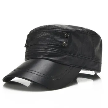

LA Autumn Winter Adult Men Genuine Leather Warm Baseball Caps Cowhide Flat Top Cap For Middle-aged Men Brands Leather Hats