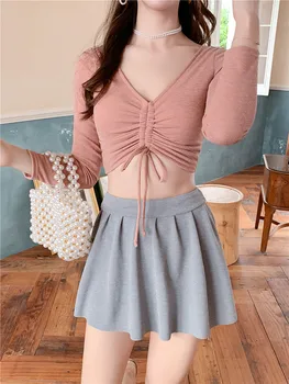 

Long Sleeve Solid Color Crop Top Beachwear High Waist Bottom Swimdress with Boyshorts Women Three Pieces Tankini Set