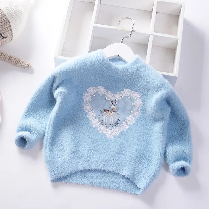Свитер для девочек; коллекция года; зимний теплый кашемировый пуловер для маленьких девочек; брендовый дизайнерский Рождественский свитер; детская одежда - Цвет: Небесно-голубой