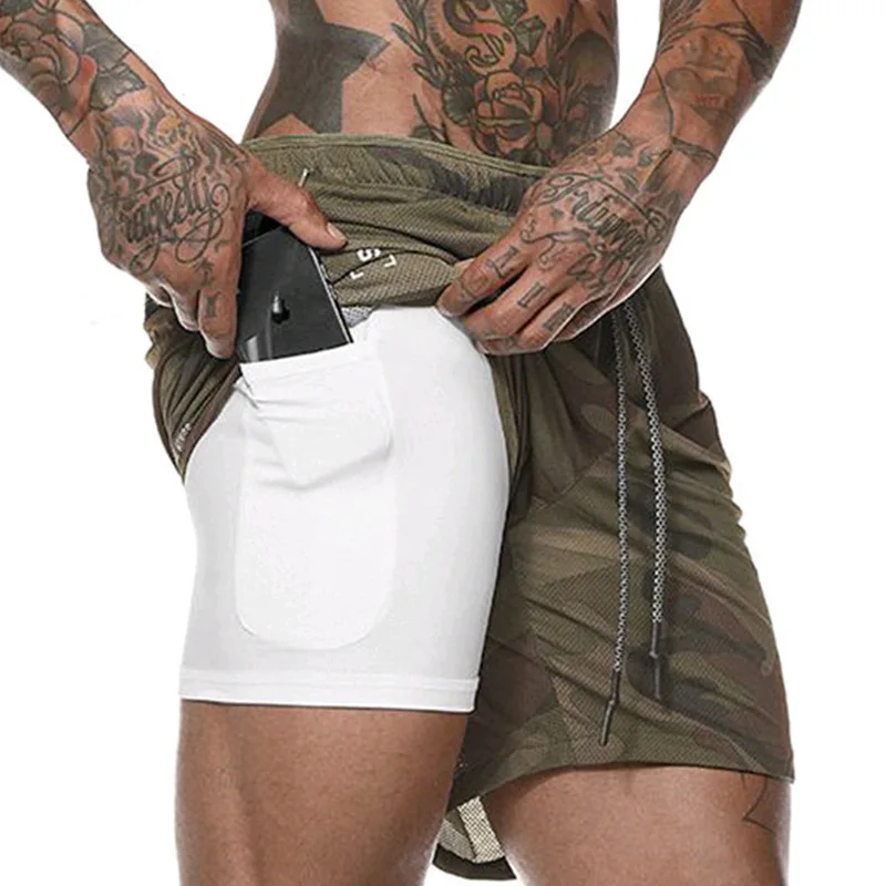 2019 New Summer Men's Double layer Shorts Running Training Fitness Sportswear Sweat Shorts Camouflage Workout Shorts 2 in 1