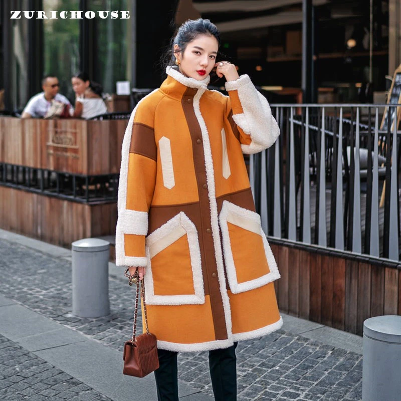 ZURICHOUSE/брендовая зимняя куртка из искусственной замши с мехом Длинная женская подкладка из овечьей шерсти модная Корейская флисовая куртка контрастного цвета