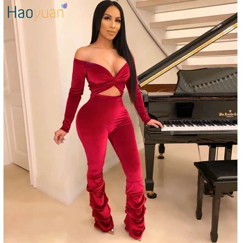

HAOYUAN Sexy Velvet Jumpsuit Women Clothes Hollow Out Off Shoulder Long Sleeve Body Overalls One Piece Bodycon Rompers Jumpsuit