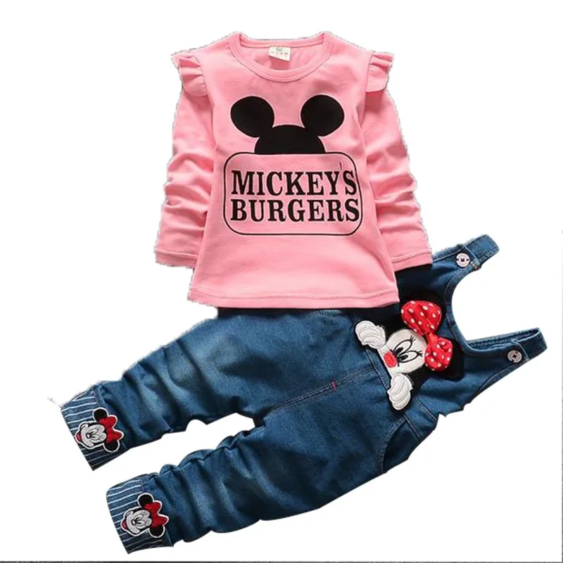 Для детей 1, 2, 3, 4 лет Одежда для маленьких девочек одежда с Микки-Маусом, детская одежда для девочек, Костюмы комплект с длинным рукавом и изображением кролика Джинсовые Комбинезоны одежды для девочек; осенняя одежда для девочек