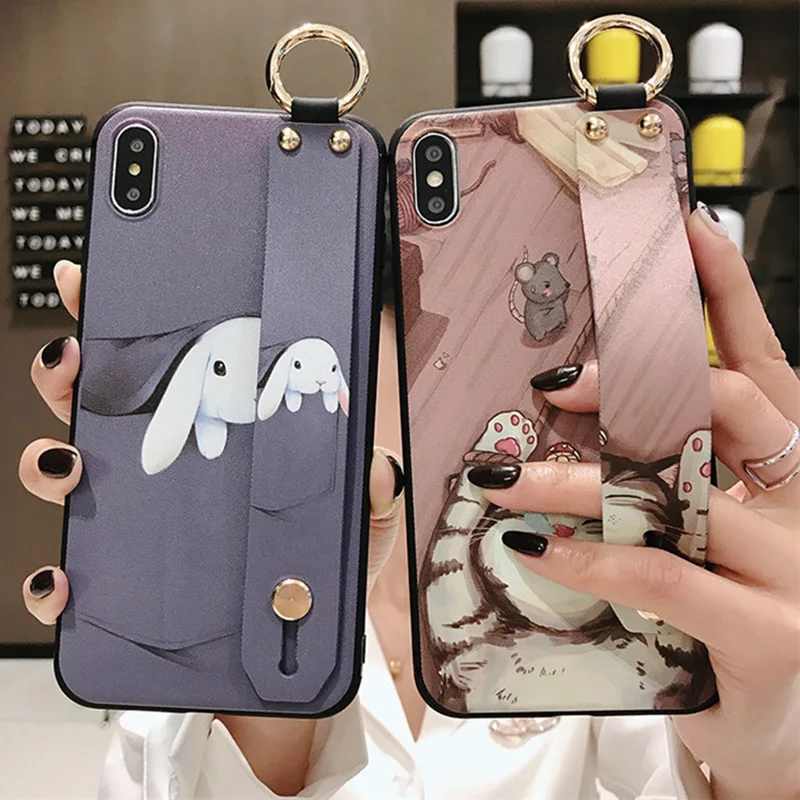 

Cartoon Rabbit Holder Phone Case For iPhone X XR XS Max 6 6S 7 8 Plus Cute Animal Soft TPU Wrist Strap Shockproof Back Cover