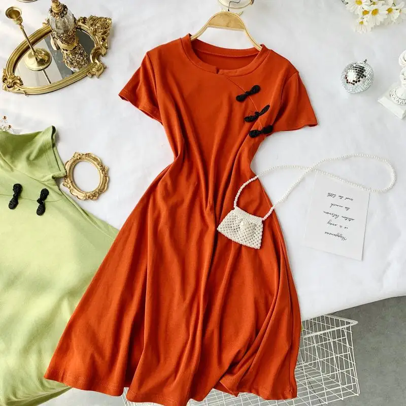 

Improved Cheongsam Dress 2019 New Summer Ins Women Hot Round Neck Short Sleeved High Waist Thin A-line Vestidos J135