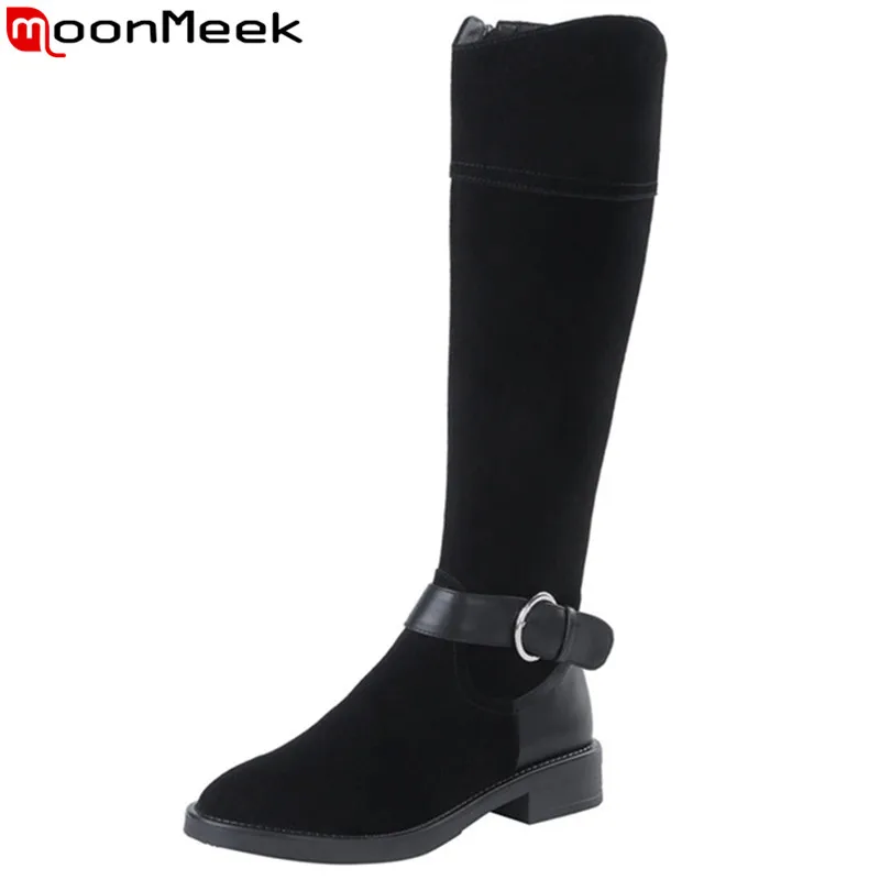 

MoonMeek 2020 new knee high boots women round toe zip suede leather boots low heels shoes ladies Riding boots buckle