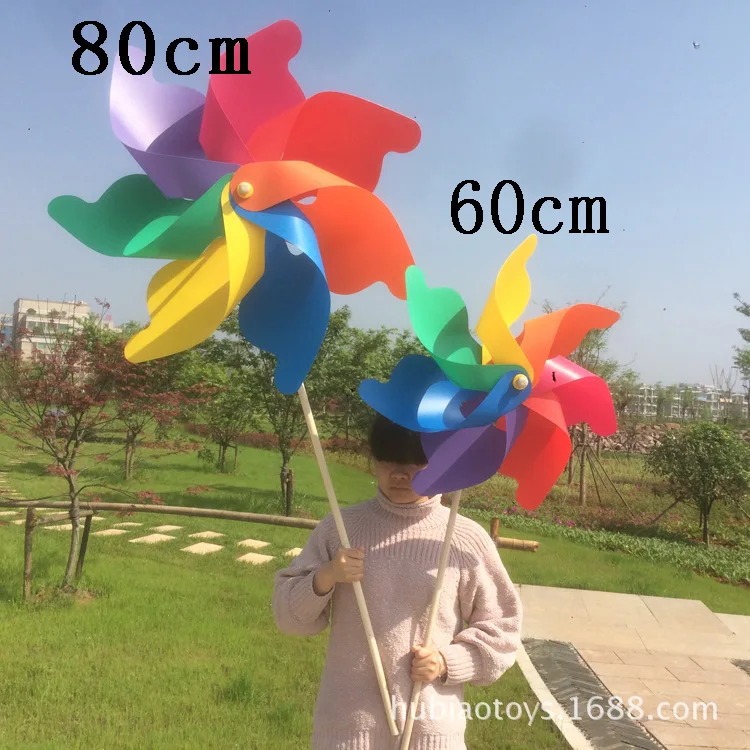 

Hot Selling Outdoor Large Size 80cm Colorful Wooden Rod Windmill Plastic Garden Windmill Garden Real Estate Decoration