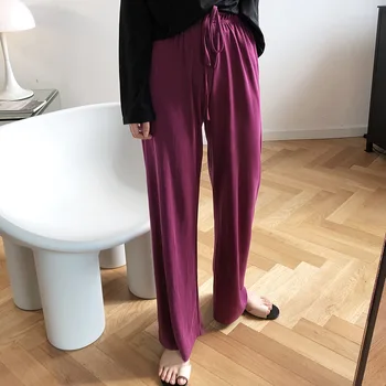 

2020 Women Spring Pants Pure Color High Waist Women Wide Leg Straight Casual Pants Women Purple Long Pants Female Trousers