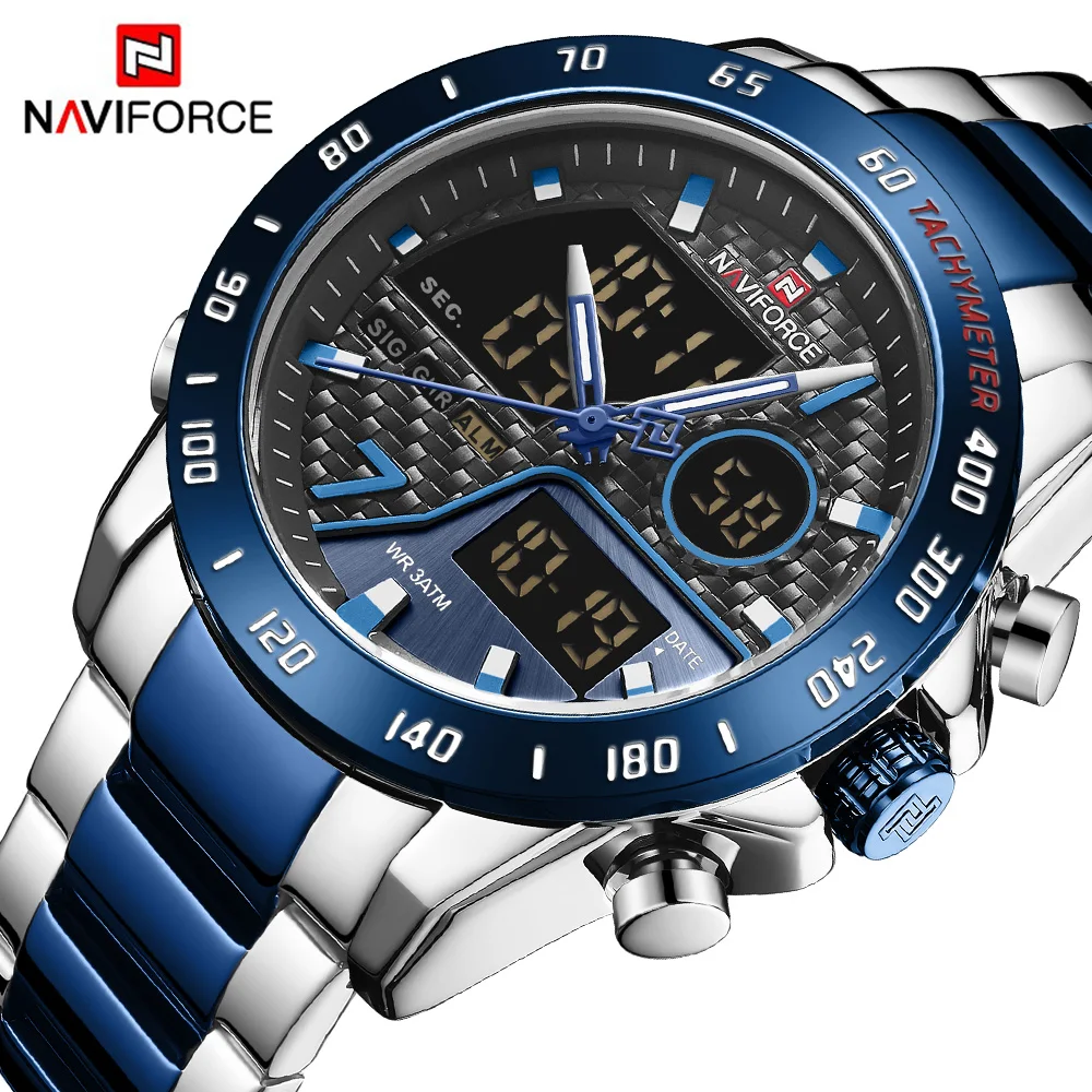 NAVIFORCE 9171 мужские часы светодиодный цифровой хронограф кварцевые мужские полностью стальные военные мужские наручные часы Мужские часы