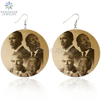 

SOMESOOR Black History Heros Art African Wooden Drop Earrings Printed Famous Leaders Martin Luther King Obama Mandela For Women