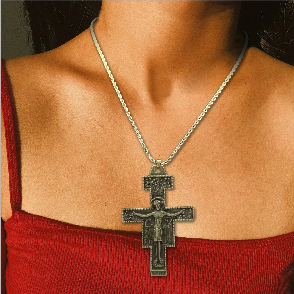 Women Retro Saint St Francis of Assisi Tau San Damiano Cross Necklace Catholic Crucifix Tribal Bridal Gift Punk Rock Celebrity - Image 3