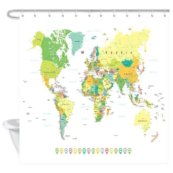 

World Map Shower Curtain for Bathroom, Detailed Geography Countries Capital Cities, Fabric Shower Curtain Set with 12 Hooks