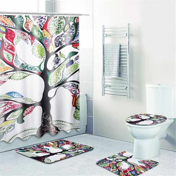 

Tree Pattern Prints Bathroom Shower Curtain Non Slip Toilet Lid Cover Rugs Mat Bathroom Sets Polyester Fabric Bath Curtains