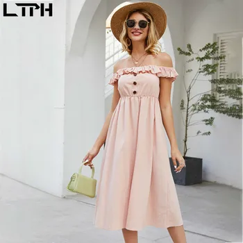 

Hot sale 2020 Spring New women dress Solid color Off the Shoulder stitching Ruffles single breasted fashion Casual long dresses