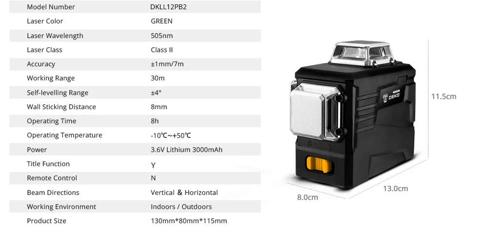 Factory Outlet DEKO DKLL12PB2 Laser Level 12 Lines 3D Green Horizontal And Vertical Cross Lines With Auto Self-Leveling