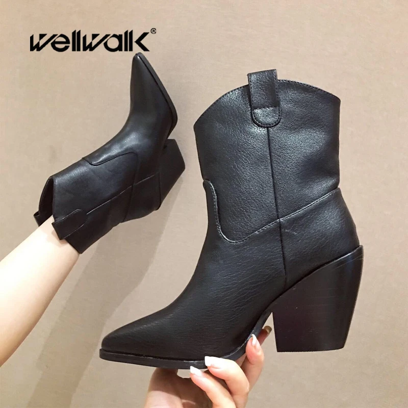 Concise Western Boots Women Heels Shoes Leather Pointed Toe Casual Winter Bootee Female Short Bootee Woman Low Heel Plus Size 41