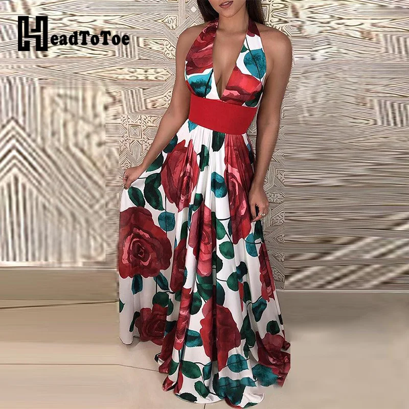 

Women Halterneck Floral Print Pleated Maxi Dress
