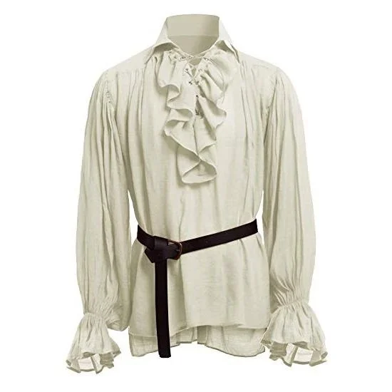 Mens Medieval Shirts Poet's Renaissance Costume Viking Pirate Captain Lace Up Ruffle Tops Sand Collar Shirt mens renaissance shirt