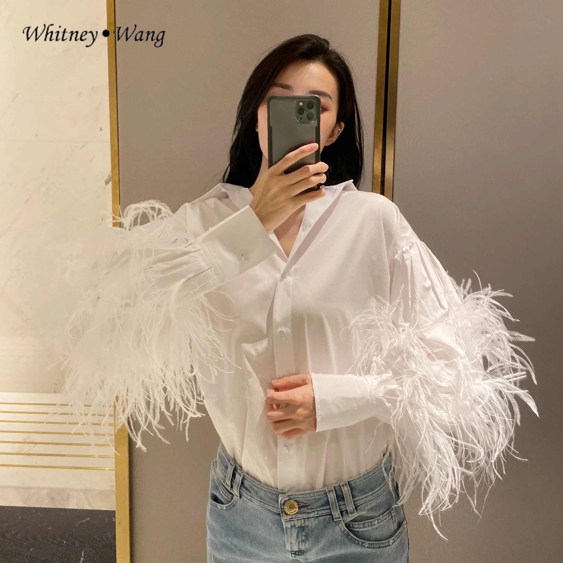 WHITNEY WANG блузки 2020 Весенняя модная уличная дизайнерская блуза с перьями и пышными