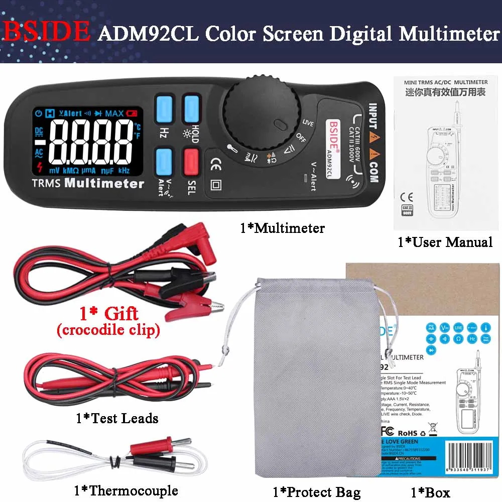 Многофункциональный цифровой мультиметр BSIDE ADM92CL цветной ЖК-дисплей Multimetro Автоматический диапазон True Temp Тестер Вольтметр Ampermetr - Цвет: Color Display-Gift