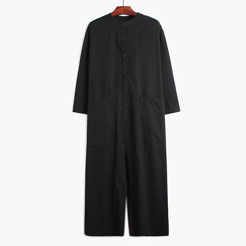 [EAM] Loose Fit Women Long Wide Leg Black Jumpsuit New High Waist Pocket Stitch Pants Fashion Tide Spring Autumn 2020 1S518