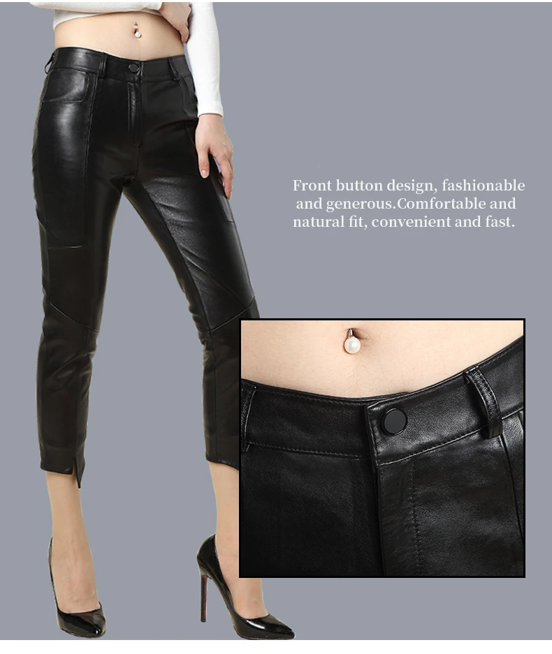 Calças de Couro de Ovelha Leggings de Couro Moda Feminina Sexy Cintura Alta Preto Fino Elástico Magro Brilhante Real 8 Calças e capris