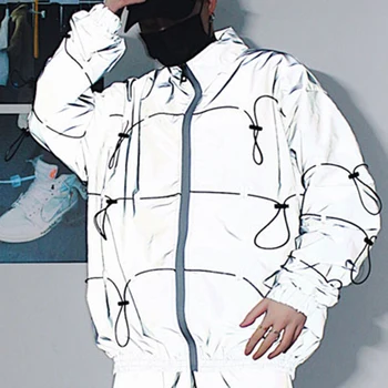 

women luminous windbreaker casual coat oversize glowing parka hip pop streetwear Shiny overcoat loose outwear reflective jacket
