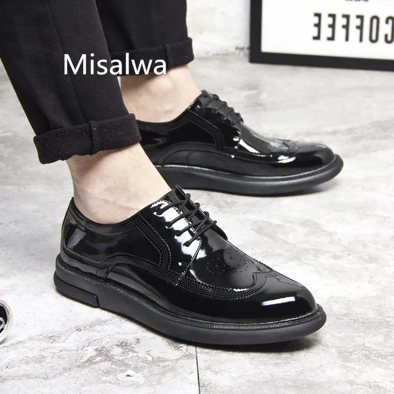 

Misalwa Newly Arrival Brogue Carved Men's Shoes Vintage Patent Leather Business Formal Oxfords Shoes Black Lace up Derbys Shoe
