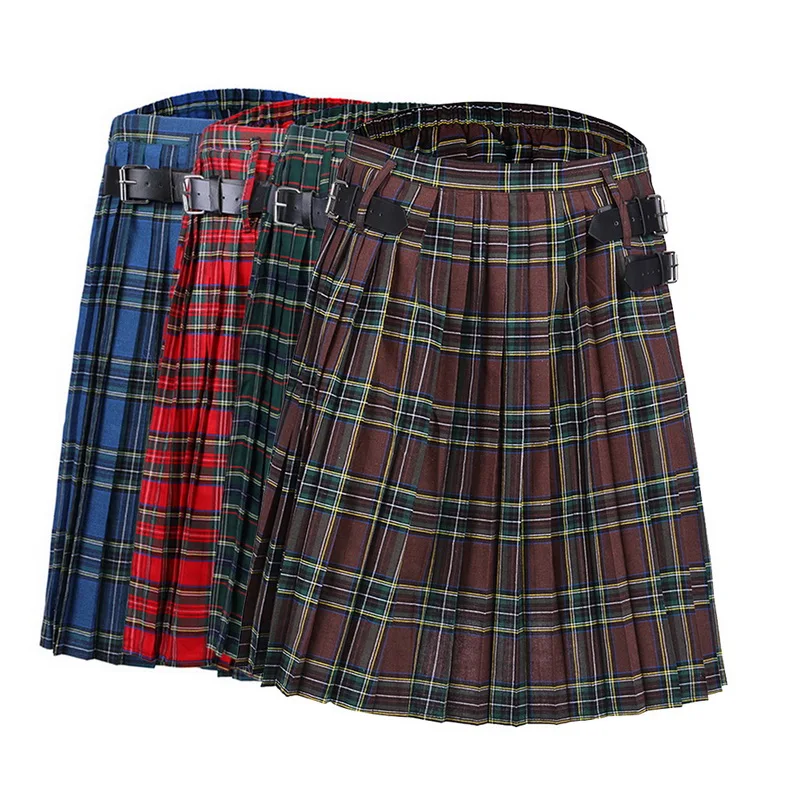 Shujin шотландский мужской Kilt традиционный ремень в клетку плиссированная цепь двусторонний коричневый готический панк шотландский клетчатый брюки юбки