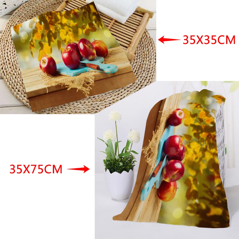 thumbnail image 1 of Nuevas toallas de fruta roja de manzana, tamaño 35 x 35 cm, 35 x 75 cm, toallas cuadradas y rectangulares, impresión de tela de toalla de algodón, logotipo personalizado, 1 of 5