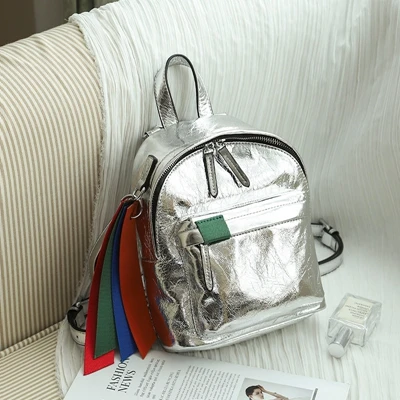 Silver WOONAM Новая женская модная сумка Топ скрывает Натуральная телячья Кожа металлик Цвет рюкзак сумка WB1036 - Цвет: Silver