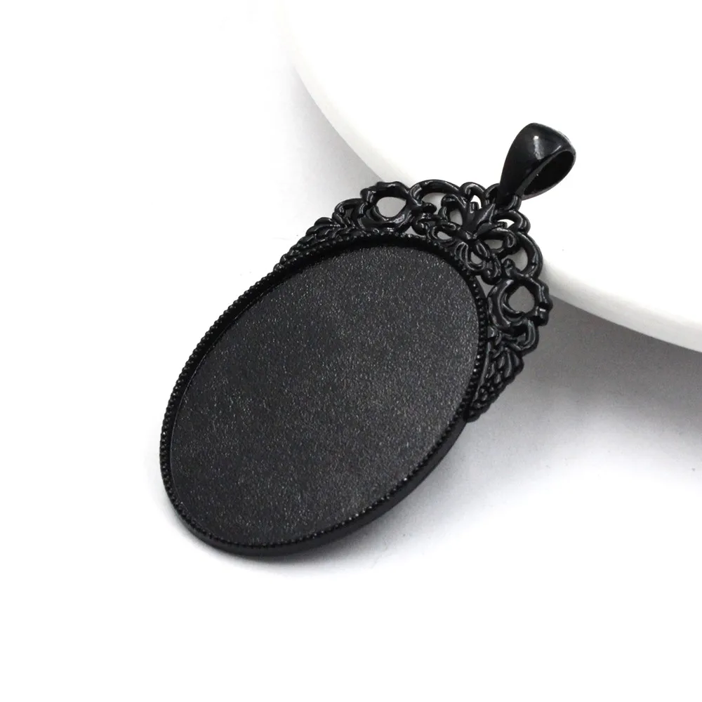 Fit 30x40mm Oval Cabochons Pattern Glass Cameos Black Frame Settings Bezel Tray For DIY Necklace Making Accessories 5pcs K06248