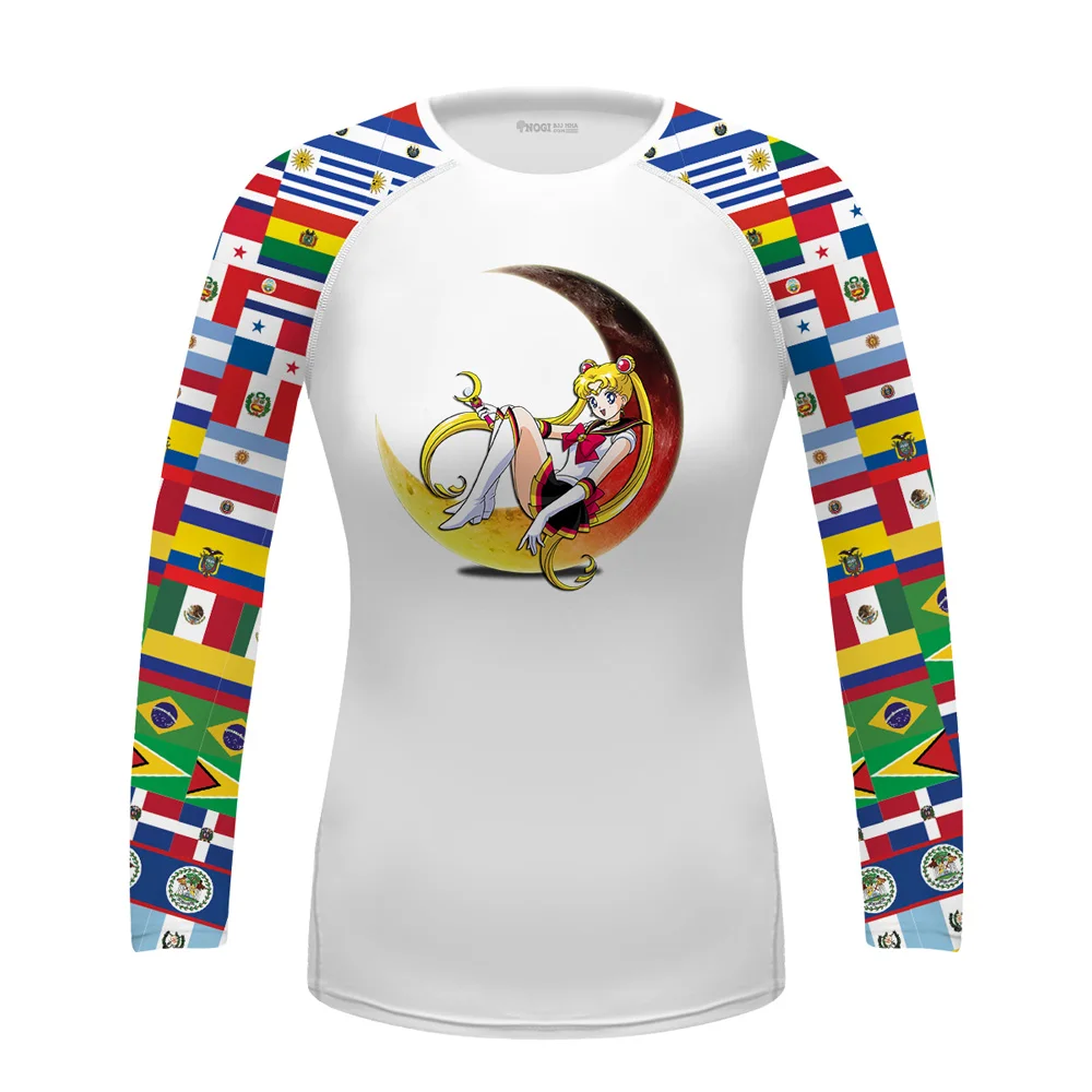 

Women's Flags Sleeves Moon High Performance 4 Way Stretch BJJ No Gi Baselayer Fight Wear Rash Guards