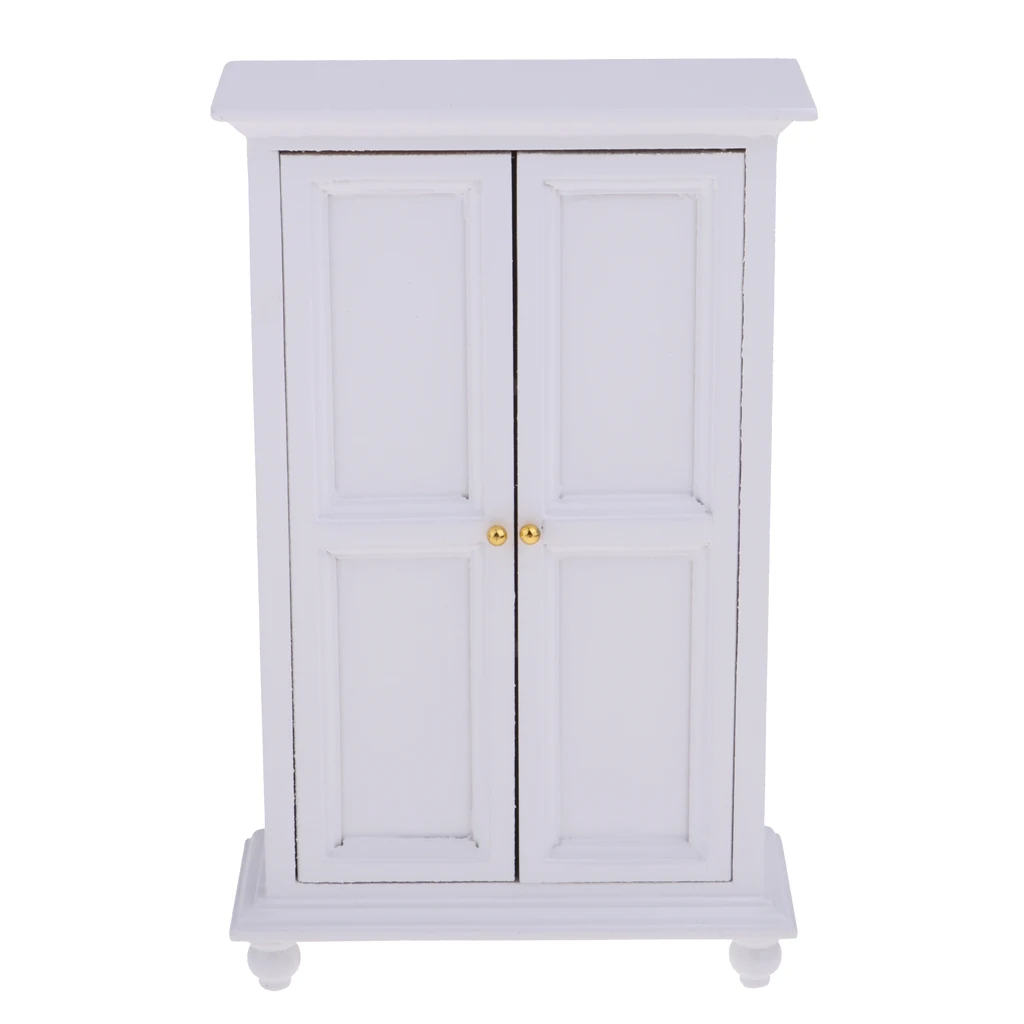 1:12 Dollhouse Miniature Furniture - White Wooden Wardrobe Cabinet, Realistic Model Home Display, European Style