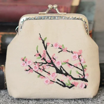 

Women Cross Stitch Materials Small Needlework Vintage Chinese Style Coin Wallet Flower Tree DIY Embroidery Purse Set Sewing Gift