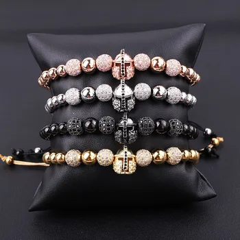 High Quality Luxury Men Jewelry Bracelet 8mm CZ Micro Pave Ball Helmet Charm Adjustable Beads Macrame Bracelet