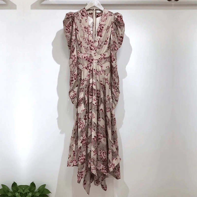 

Runway Designer Luxury Brand High Quality Elegant Woman Dress Floral Print Asymmetrical Sexy Deep V-Neck Female Dress Vestidos