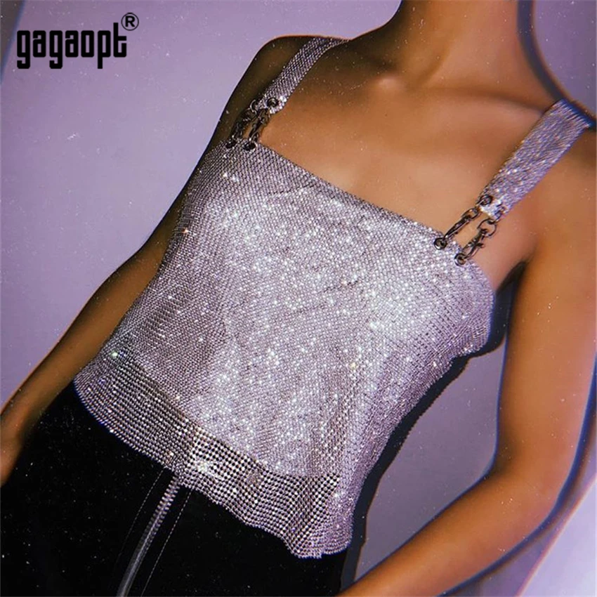Gagaopt Женская Сексуальная Повседневная майка жилет Слинг открытая спина Ночная Клубная одежда Летний укороченный топ красивый топ со стразами