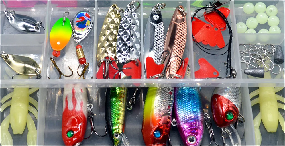 BESTMOVE 109pcs Lure Kit Soft Bait VIB Frog Crankbait Pencil Popper Minnow Spoons Spinners Metal jig Lead Head Hook Wobblers Set