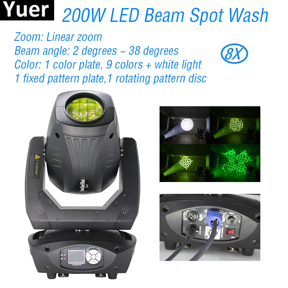 

8Pcs/Lot 200W 4IN1 Moving Head Light Beam Spot Wash Zoom DMX512 Sound Music Party DJ Disco Light Club Stage Effect Lighting