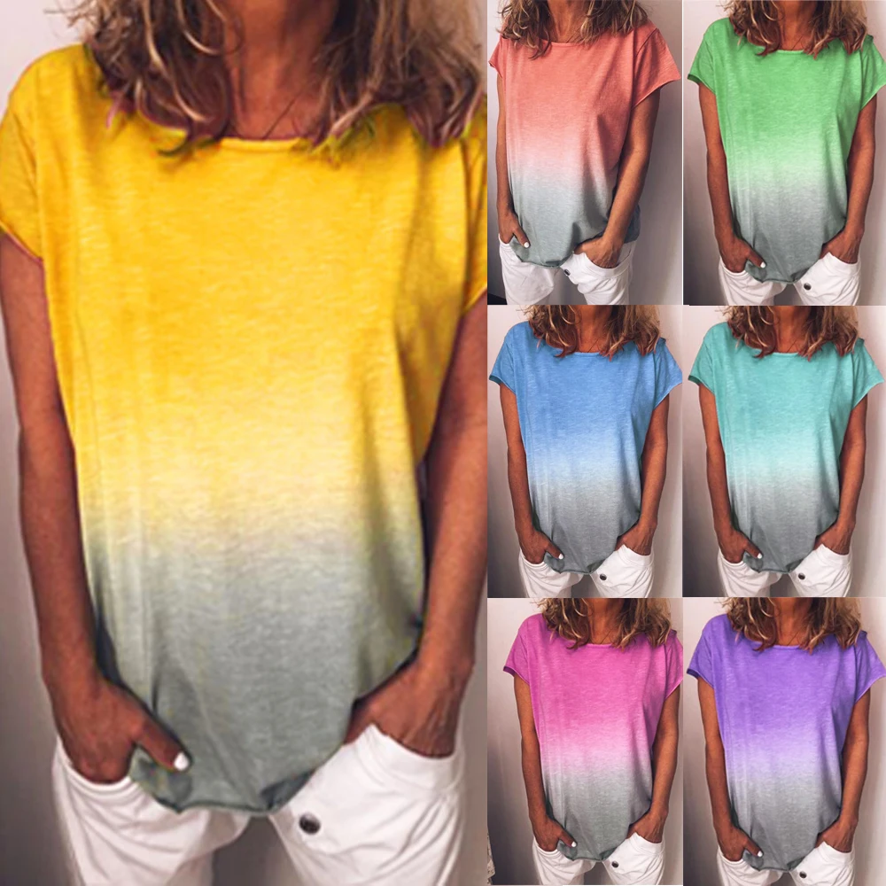 Женская футболка Boho Lady Rainbow Gradient с коротким рукавом, большие размеры, летняя пляжная одежда свободного кроя в повседневном стиле, хлопковый женский топ с градиентом